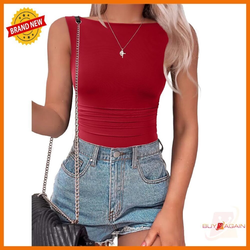 Mesh Ruched Bodysuit Sleeveless Double Lined Boat Neck Going Out Top